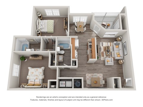 Floor plan for 2 beds, 2 baths, 1195 sqft